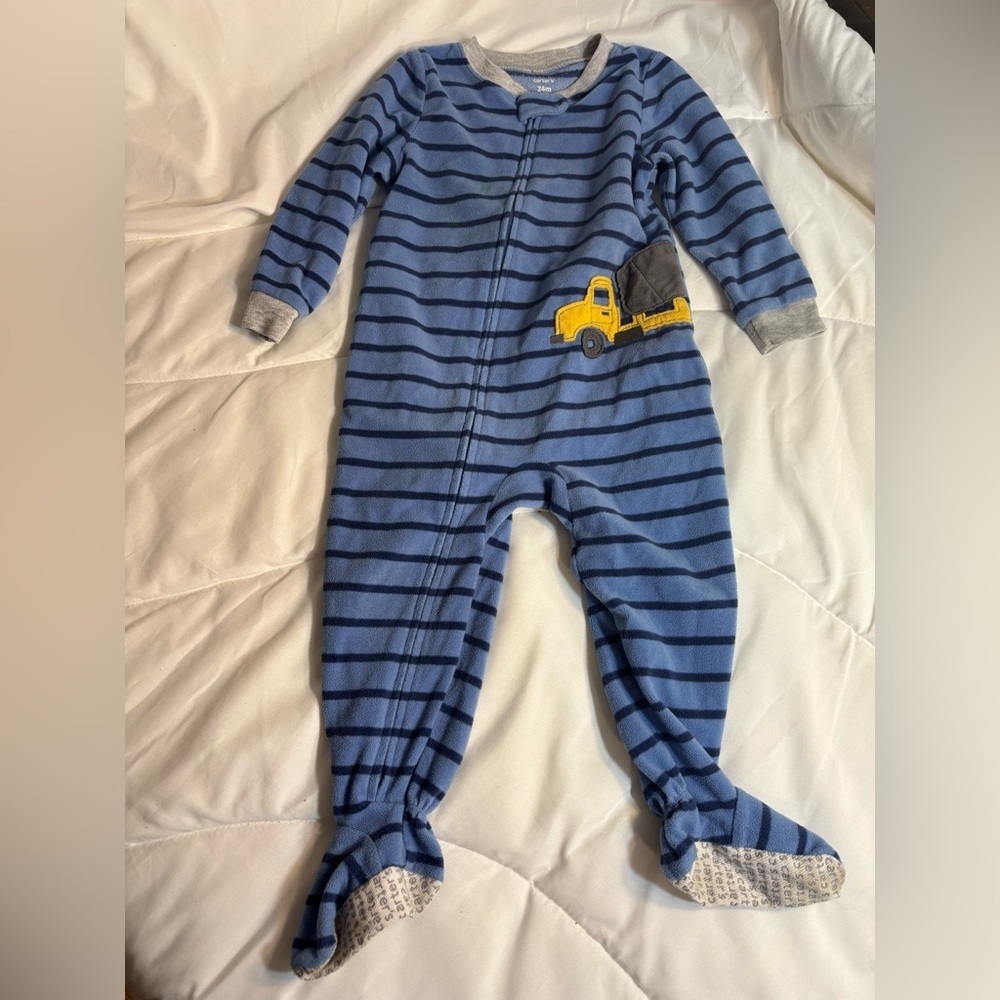 Carter's 24 months Gray and Blue Baby sleeper pajamas with yellow truck- footie